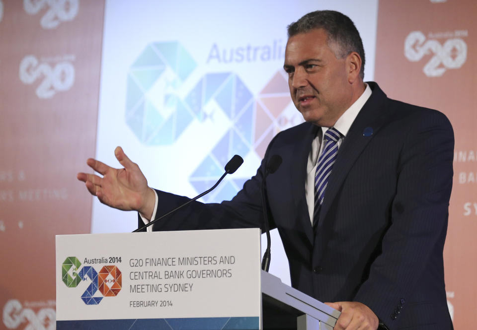 Australia's Treasurer Joe Hockey delivers a closing statement to the media during a press conference at the G-20 Finance Ministers and Central Bank Governors meeting in Sydney, Australia, Sunday, Feb. 23, 2014.(AP Photo/Rob Griffith)