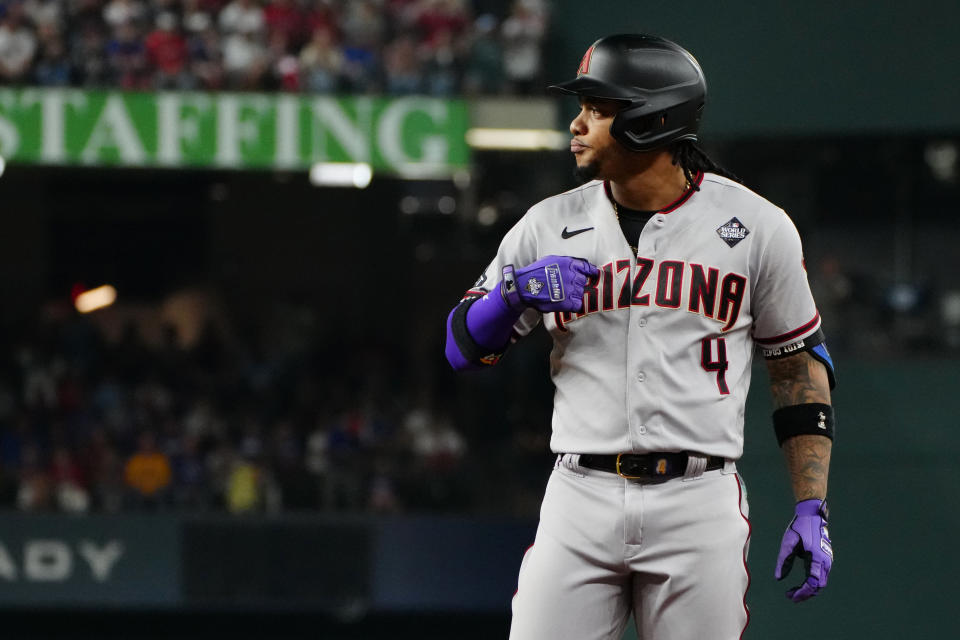 ARLINGTON, TX - OCTOBER 28: Ketel Marte #4 of the Arizona Diamondbacks reacts after hitting a RBI single in the eighth inning during Game 2 of the 2023 World Series between the Arizona Diamondbacks and the Texas Rangers at Globe Life Field on Saturday, October 28, 2023 in Arlington, Texas. (Photo by Mary DeCicco/MLB Photos via Getty Images)