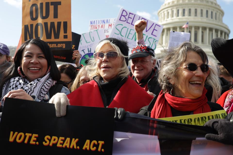 Jane Fonda led hundreds of people in a march from the U.S. Capitol to the White House as part of her "Fire Drill Fridays" rally protesting against climate change on Nov. 08, 2019 in Washington, DC.