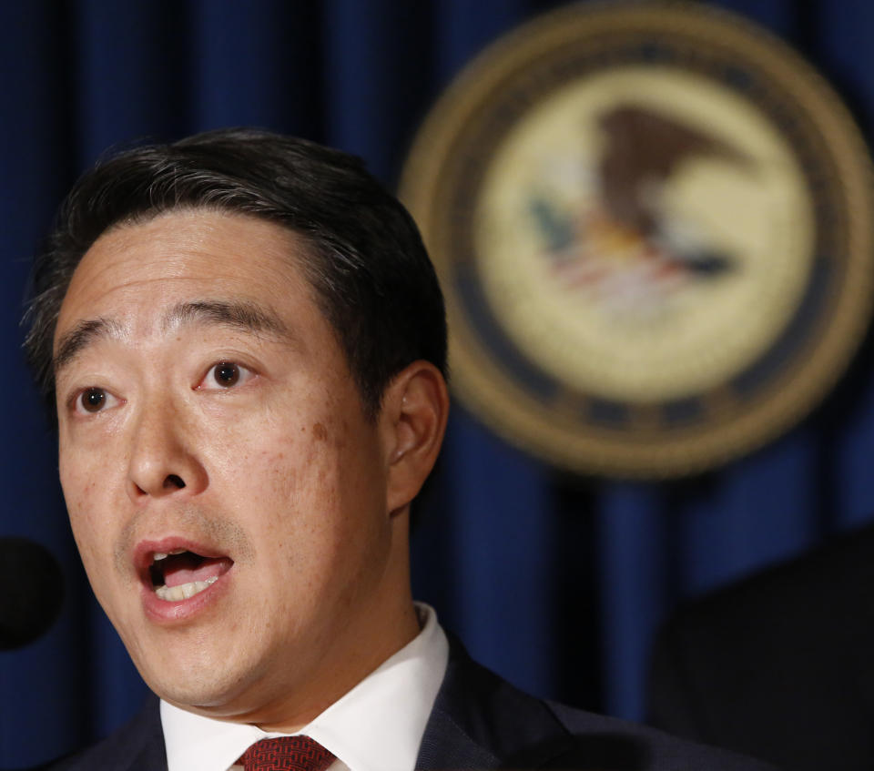 FILE - In this Wednesday, Nov. 1, 2017 photo, acting U.S. Attorney Joon H. Kim speaks during a news conference at the U.S. Attorney's office in New York. On Monday, March 8, 2021 New York Attorney General Letitia James named Kim and Anne Clark, an employment lawyer, to investigate allegations that Gov. Andrew Cuomo sexually harassed his female aides. James said the pair are "independent, legal experts who have decades of experience conducting investigations and fighting to uphold the rule of law." (AP Photo/Kathy Willens, File)