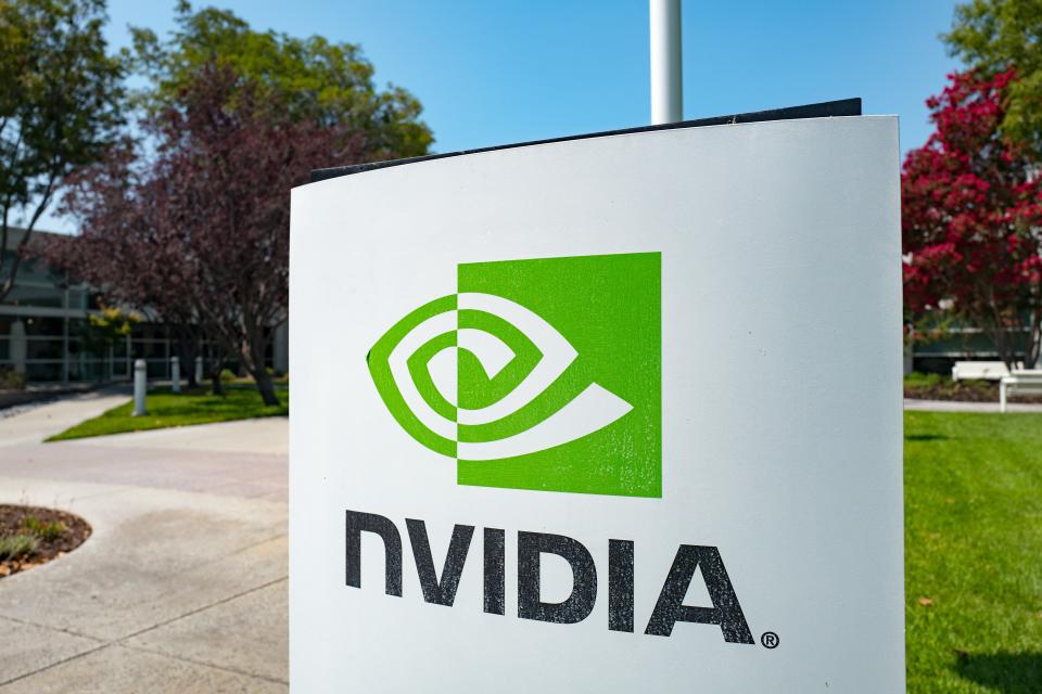 Signage with logo at the Silicon Valley headquarters of computer graphics hardware company Nvidia, Santa Clara, California, August 17, 2017. (Photo via Smith Collection/Gado/Getty Images).