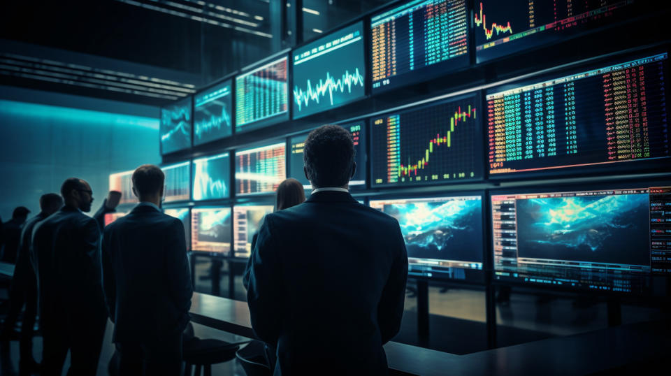 A row of traders in a trading room monitoring stock market prices with a large digital screen in the background.