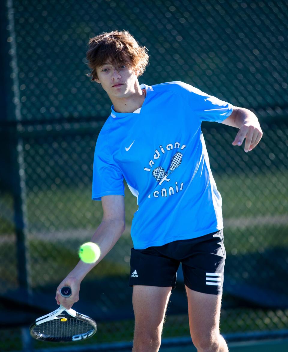 Saint Joseph No. 2 singles player Colin Blumentritt during the the first round of sectional tennis play Wednesday, Sept. 28, 2022 at Leeper Park in South Bend.