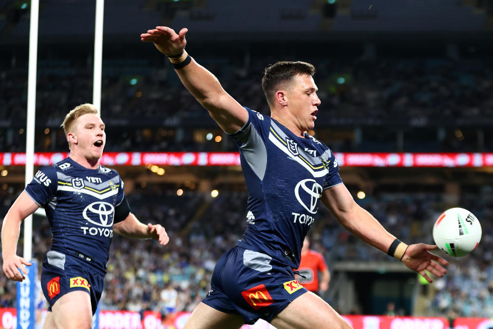 SYDNEY, AUSTRALIA - SEPTEMBER 07: Scott Drinkwater of the Cowboys celebrates scoring a try during the round 27 NRL match between Canterbury Bulldogs and North Queensland Cowboys at Accor Stadium, on September 07, 2024, in Sydney, Australia. (Photo by Mark Nolan/Getty Images)