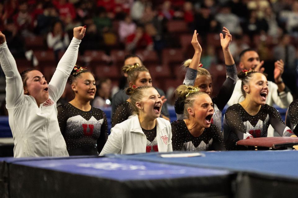 Utah Utes gymnastics team cheers on Jaedyn Rucker during her floor routine during the Sprouts Farmers Market Collegiate Quads at Maverik Center in West Valley on Saturday, Jan. 13, 2024. #1 Oklahoma, #2 Utah, #5 LSU, and #12 UCLA competed in the meet. | Megan Nielsen, Deseret News