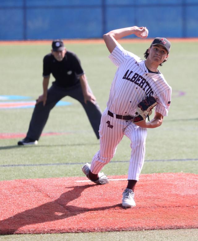 Magnus pitcher Patrick Ventimilla delivers a pitch during the Albertus Magnus vs. Croton-Harmon Section One Class B baseball championships at Purchase College in Purchase, New York, Mat 27, 2023. Albertus Magnus defeated Croton-Harmon, 4-1.