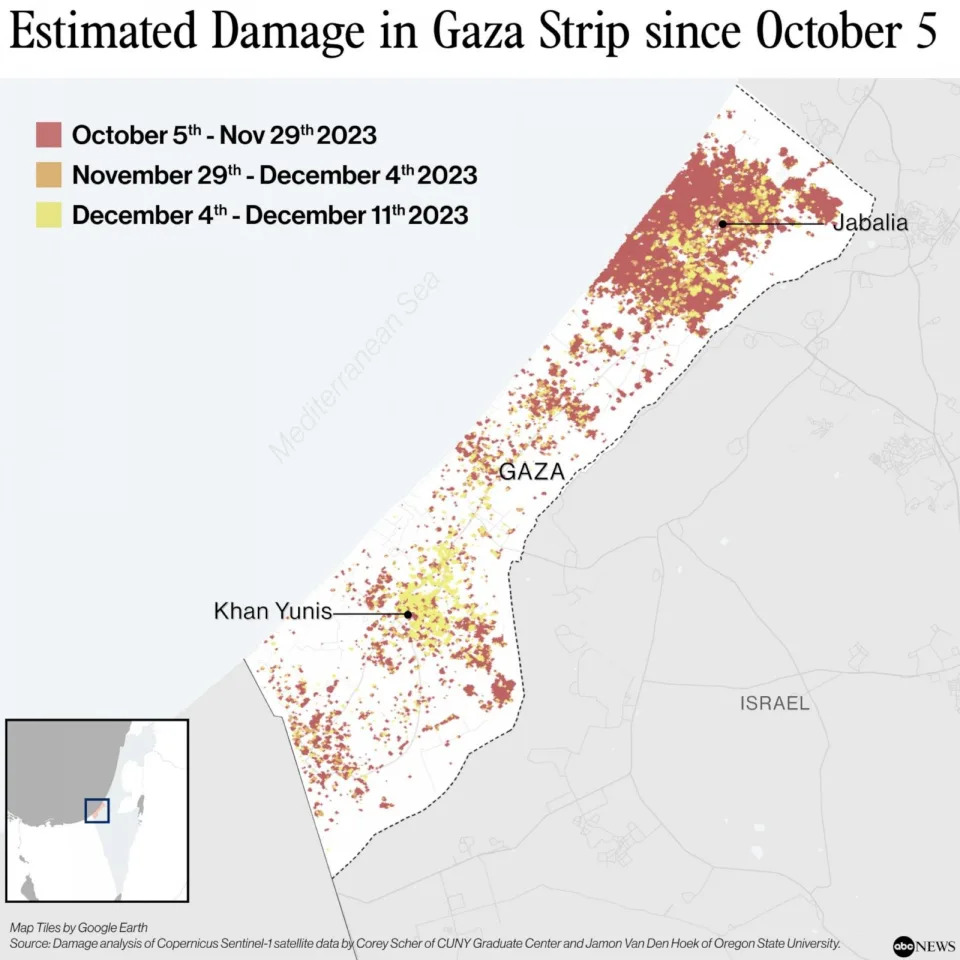 PHOTO: Gaza destruction map graphic (Damage analysis of satellite data by Corey Scher and Jamon Van Den Hoek)