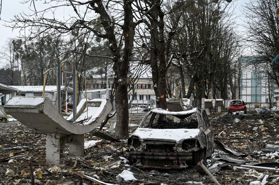 TOPSHOT - The view of military facility which was destroyed by recent shelling in the city of Brovary outside Kyiv on March 1, 2022. - Russian troops will carry out an attack on the infrastructure of Ukraine&#39;s security services in Kyiv and urged residents living nearby to leave, the defence ministry said on March 1, 2022. (Photo by Genya SAVILOV / AFP) (Photo by GENYA SAVILOV/AFP via Getty Images)