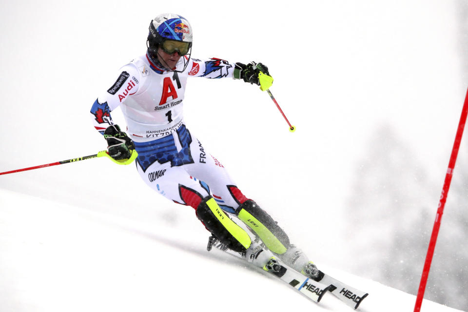 France's Alexis Pinturault competes during an alpine ski, men's World Cup slalom, in Kitzbuehel, Austria, Saturday Jan. 26, 2019. (AP Photo/Shinichiro Tanaka)