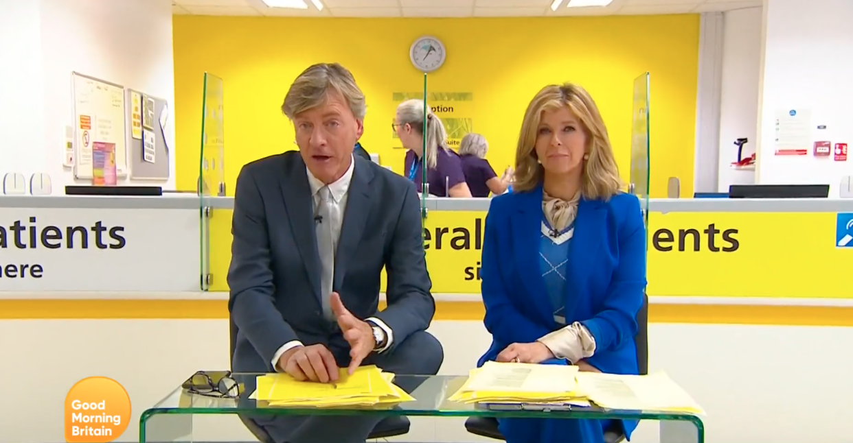 Richard Madeley and Kate Garraway hosted GMB from a hospital. (ITV)