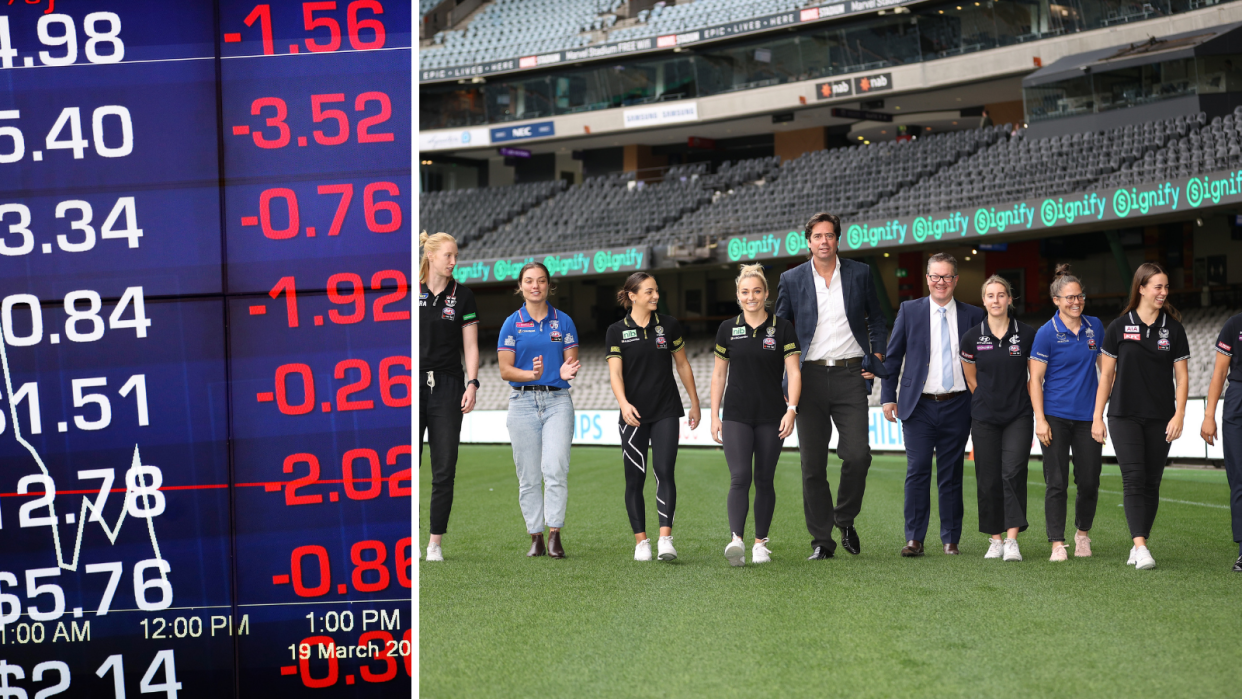 The ASX board showing company price changes and the AFL and AFLW CEOs posing with AFLW players.