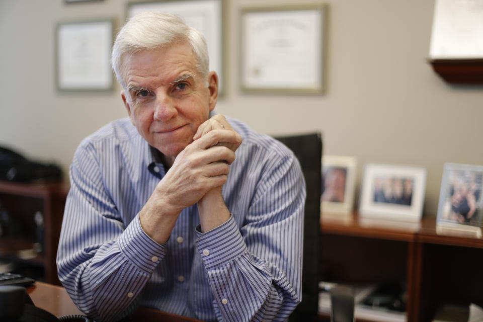 Attorney Mark Patterson poses in his law firm's offices Thursday, Nov. 15, 2018, in Nashville, Tenn. The recent turbulence in the U.S. stock markets is spooking older workers and retirees, a group that was hit particularly hard during the most recent financial crisis. "There's a huge fear of folks my age that they're going to run out of money and they're going to need to rely on the government for help," Patterson said. (AP Photo/Mark Humphrey)