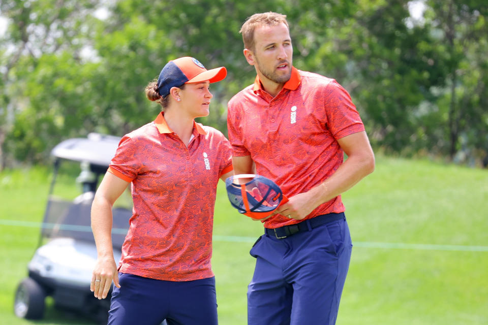 JERSEY CITY, NEW JERSEY - JULY 01: Ash Barty and Harry Kane looks on during Day Two of the ICON Series at Liberty National Golf Club on July 01, 2022 in Jersey City, New Jersey. (Photo by Mike Stobe/Getty Images)