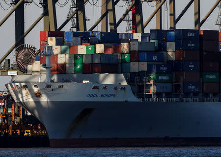 The OOCL Europe is docked at the Port of Newark in Newark, New Jersey U.S. November 27, 2017. REUTERS/Brendan McDermid