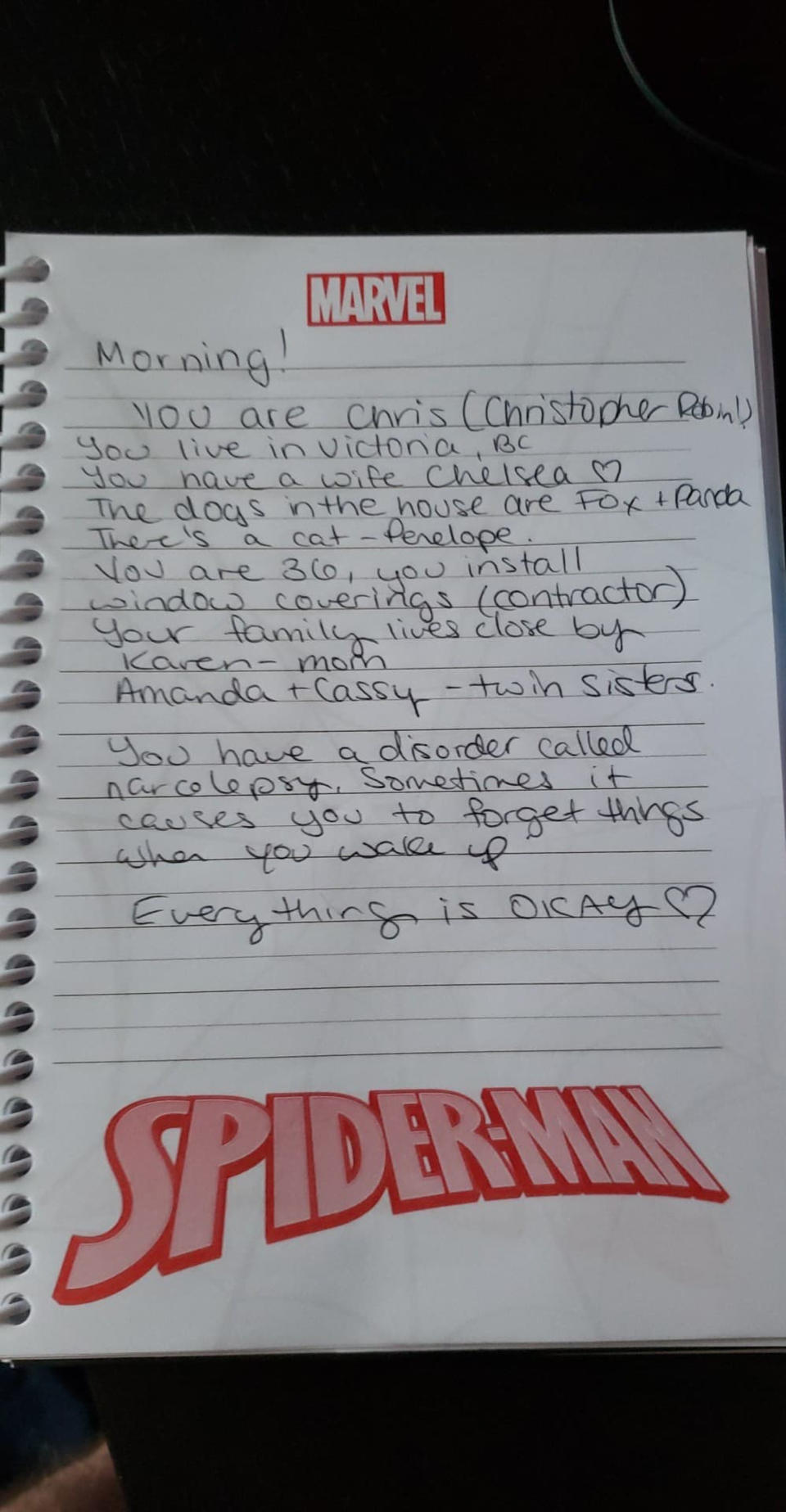 An example of one of the notes that Chelsea would leaves her husband in the morning due to his memory loss. (Caters)