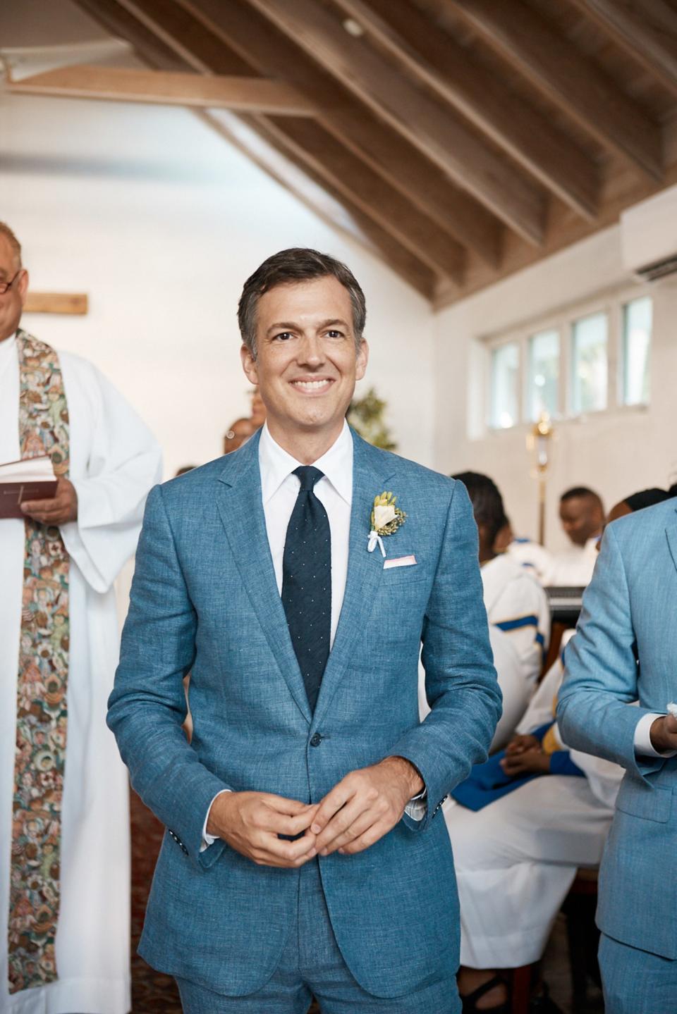 Adrian had a Ralph Lauren Purple Label blue linen suit made for our wedding day. I can’t get over how handsome he looks!