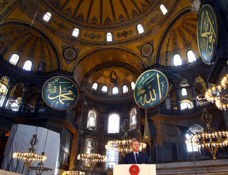 Turkish President Erdogan attends the opening ceremony of the Yeditepe Biennial at the Hagia Sophia or Ayasofya Museum in Istanbul