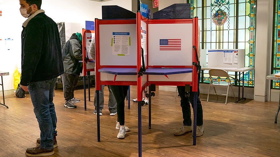 A polling station is seen at the Arlington Arts Center in Arlington, Va., on Tuesday, November 2, 2021. Virginia is voting for governor, state house and senate races.