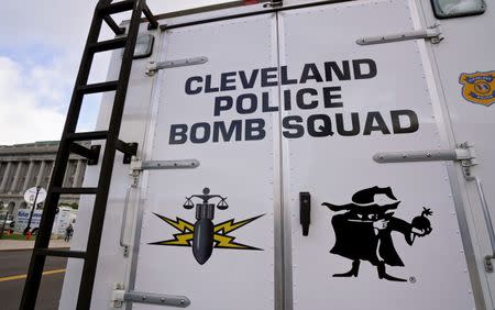 The Cleveland police bomb squad truck is parked across the street from city hall during a demonstration of police capabilities near the site of the Republican National Convention in Cleveland, Ohio July 14, 2016. REUTERS/Rick Wilking