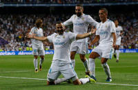 Soccer Football - Real Madrid vs Barcelona - Spanish Super Cup Second Leg - Madrid, Spain - August 16, 2017 Real Madrid’s Karim Benzema celebrates scoring their second goal with team mates REUTERS/Juan Medina