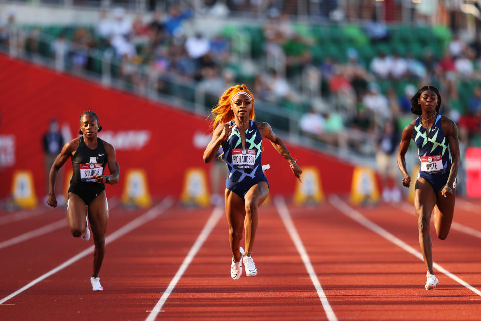 Sha'Carri Richardson competes in the Women's 100 Meter semifinals on day 2 of the 2020 U.S. Olympic Track & Field Team Trials