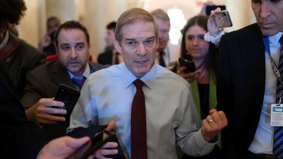 PHOTO: Rep. Jim Jordan, chairman of the House Judiciary Committee talks to reporters as he leaves a meeting at the Capitol in Washington, Oct. 18, 2023. (Jose Luis Magana/AP)