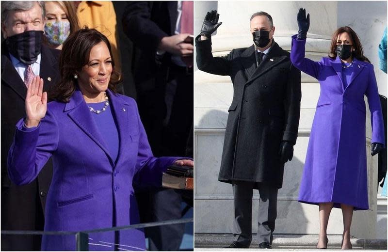 賀錦麗20日穿上紫色套裝參加總統就職典禮。（翻攝推特）