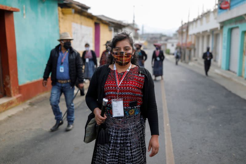 Community members patrol the village of Pasajoc amid the outbreak of the coronavirus disease (COVID-19), in Totonicapan