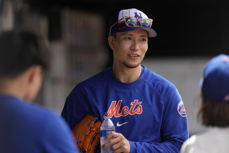 New York Mets pitcher Kodai Senga responds to questions during a news interview before the first baseball game of a doubleheader against the Los Angeles Dodgers Tuesday, May 28, 2024, in New York. (AP Photo/Frank Franklin II)