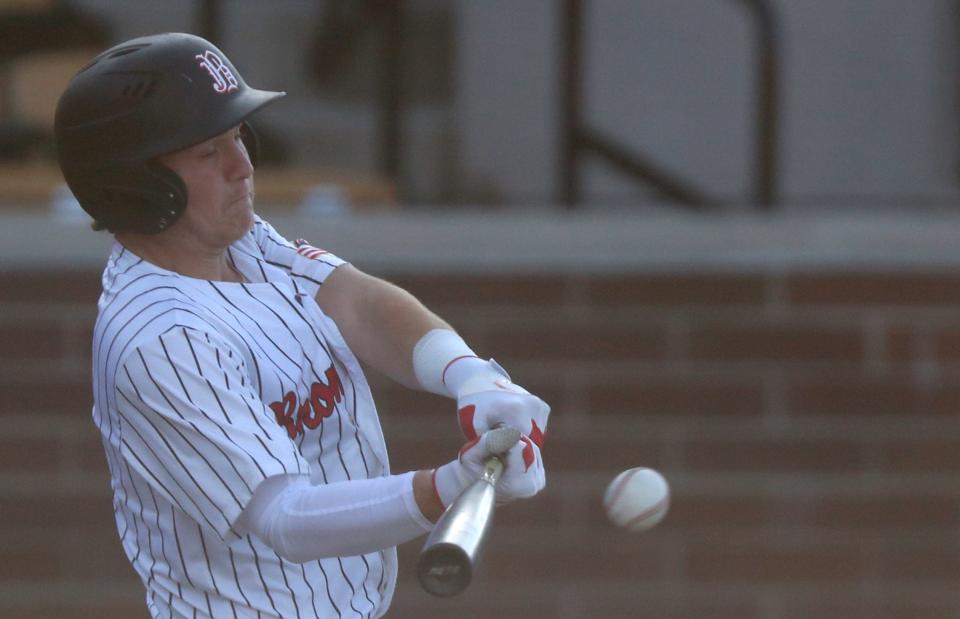 Lafayette Jeff Bronchos Abram Ritchie (2) swings at the ball during the IHSAA baseball game against the Huntington North Vikings, Friday, April 7, 2023, at the Loeb Stadium in Lafayette, Ind. Huntington North won 4-2.