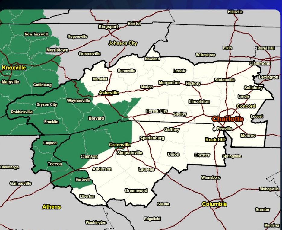 Active flood watch area in green from the National Weather Service at the Greenville-Spartanburg International Airport.