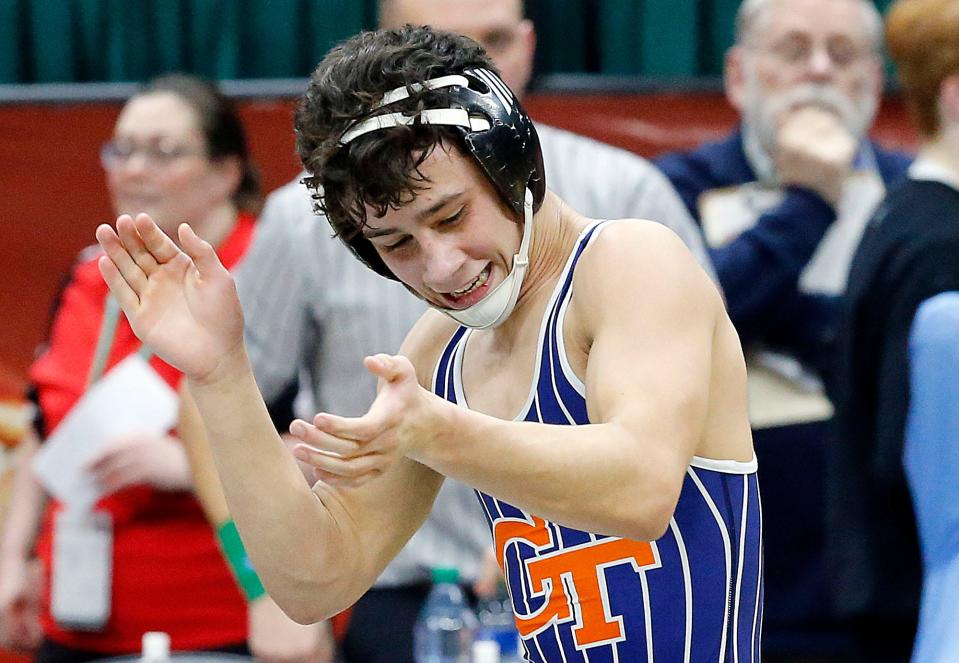 Galion’s Gradey Harding celebrates his win over Watterson’s Neal Kryste during their match at the OHSAA State Wrestling Championships Saturday, March 9, 2024 at the Jerome Schottenstein Center. TOM E. PUSKAR/MANSFIELD NEWS JOURNAL