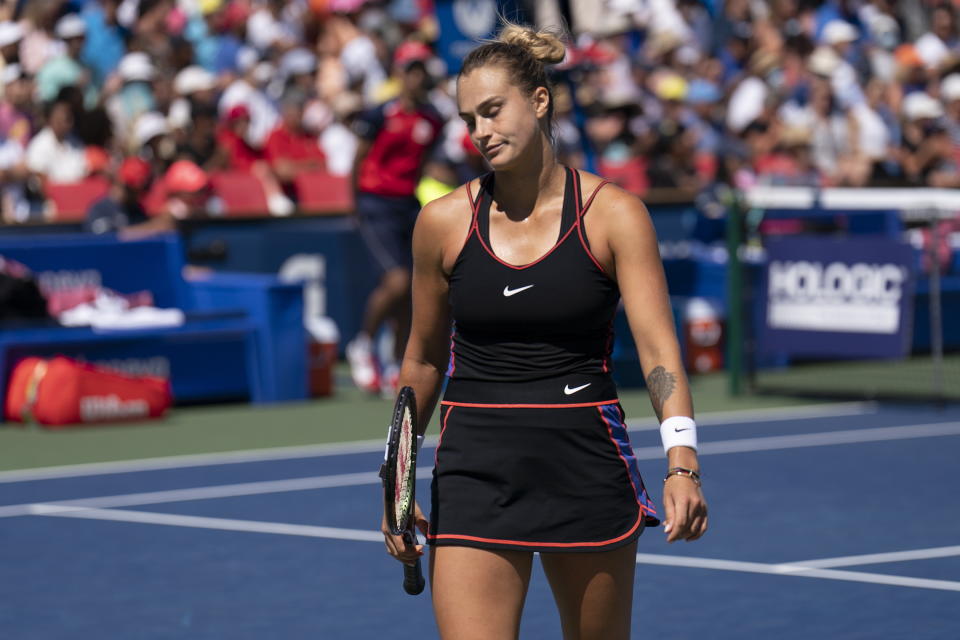 Aryna Sabalenka reacts during her match against Coco Gauff during the National Bank Open tennis tournament in Toronto, Thursday, Aug. 11, 2022. (Chris Young/The Canadian Press via AP)