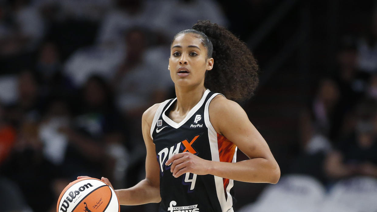 Phoenix Mercury guard Skylar Diggins-Smith during the first half of Game 1 of the WNBA basketball Finals against the Chicago Sky, Sunday, Oct. 10, 2021, in Phoenix. (AP Photo/Ralph Freso)