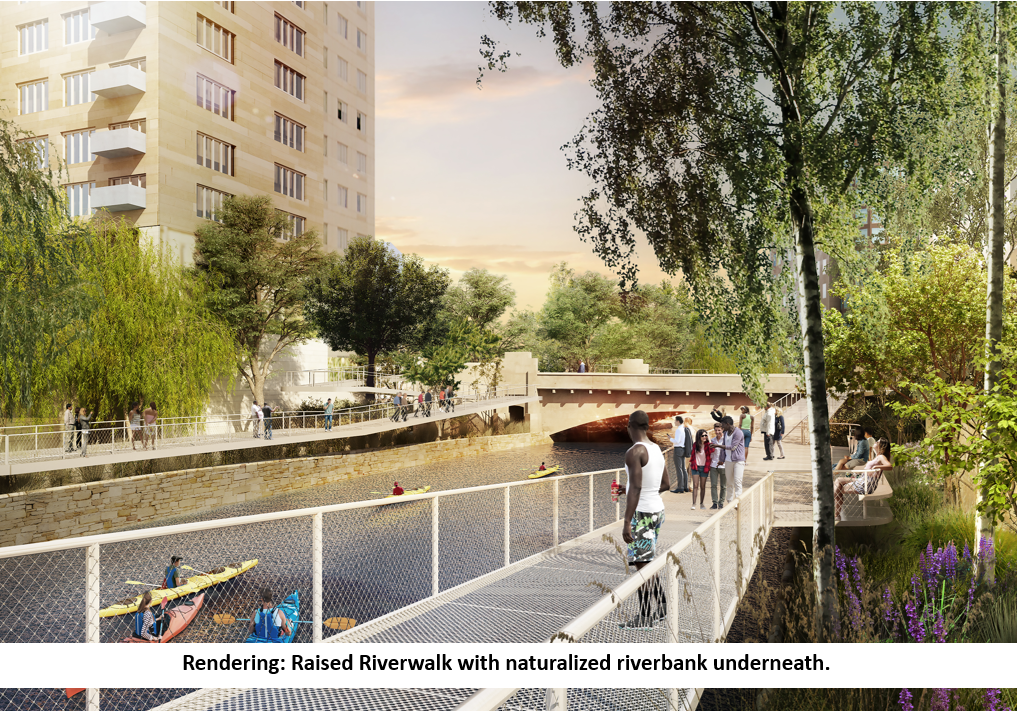 This rendering of the Waterplace Park project shows how the city plans to restore the natural riverbanks while preserving standing and sitting space for events  [City of Providence/contributed photo]