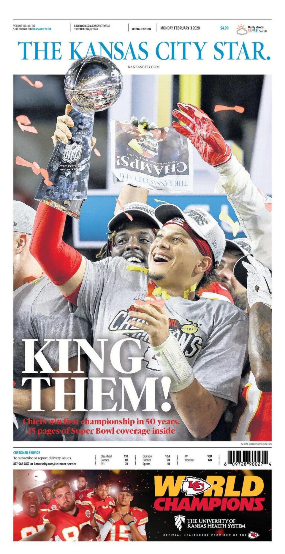 World champions for the first time in 50 years, the Chiefs are the toast of the town, and the full front page of Monday’s KC Star.