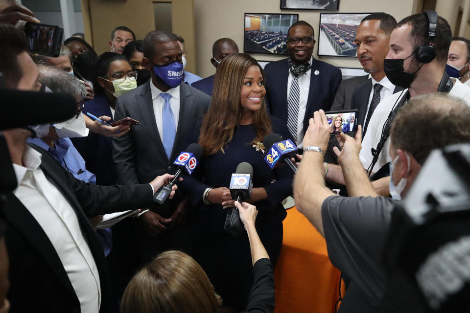 Sheila Cherfilus-McCormick speaks with the media after being declared the winner of the South Florida 20th Congressional District by the Broward elections Canvassing Board on Friday, Nov. 12, 2021, in Lauderhill.  / Credit: John McCall/Sun Sentinel/Tribune News Service via Getty Images