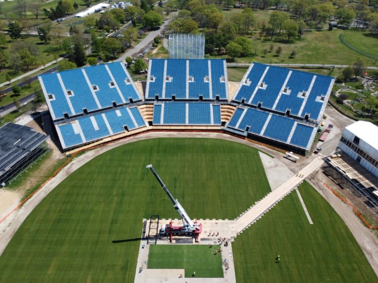 Final touches are being put on the Nassau County International Cricket Stadium, a temporary 34,000-seat facility in East Meadow, New York as the United States co-hosts cricket's T20 World Cup, a historic first for the country (Cecilia SANCHEZ)