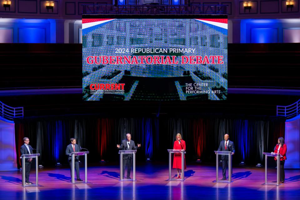 Republican gubernatorial candidates gathered, Monday, March 11, 2024, at The Center for the Performing Arts in Carmel, Ind., to debate one another.