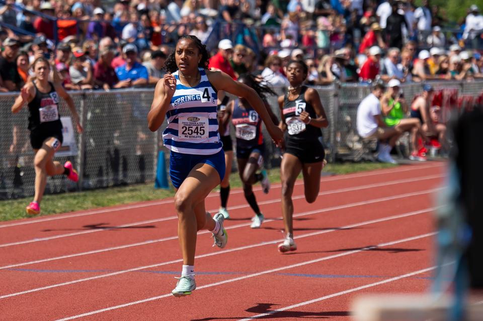 Spring Grove's Laila Campbell sprint to her second gold medal of the day, this one in the 200-meter dash, at the PIAA Track and Field Championships at Shippensburg University Saturday, May 27, 2023.