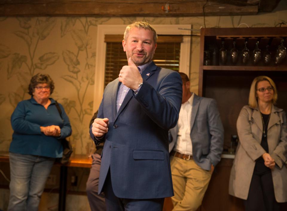 Democrat Jonathan Petro talks to his supporters after a close loss in the mayoral race of Toms River.  Toms River, NJTuesday, November 5, 2019 