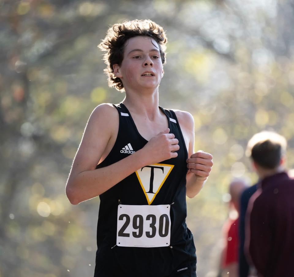 Tatnall’s Ben Pizarro runs to a third place finish in the DIAA 2022 Cross Country Boy’s Division II Championship at Killens Pond State Park in Felton, Del.