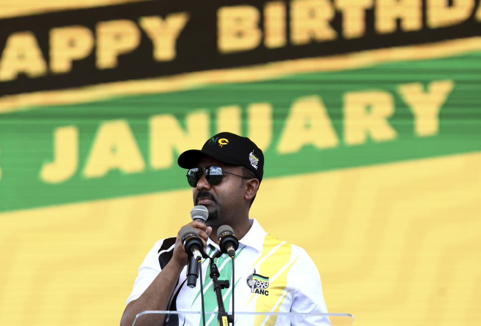 Ethiopian Prime Minister Abiy Ahmed Ali, addresses supporters at the African National Congress (ANC) 108th birthday celebrations in Kimberley, South Africa, Saturday, Jan. 11, 2020. (AP Photo)