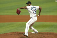 Miami Marlins starting pitcher Sandy Alcantara aims a pitch in the seventh inning of a baseball game against the San Diego Padres, Monday, Aug. 15, 2022, in Miami. (AP Photo/Marta Lavandier)