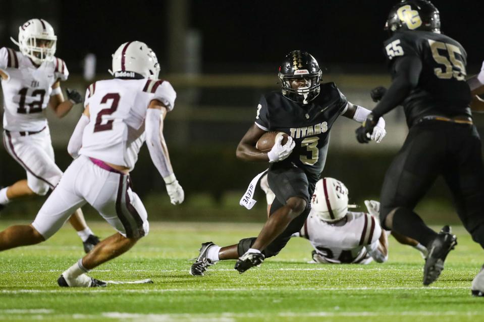 The Golden Gate Titans compete against the First Baptist Academy Lions in a game at Golden Gate High School in Naples on Friday, Sept. 29, 2023. The Lions won 48-46.