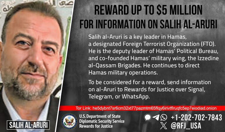 El Departamento de Estado ofrecía una recompensa de 5 millones de dólares por información de Al- Arouri