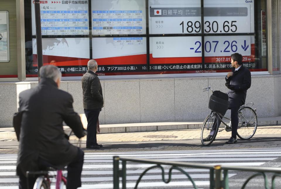 People look at an electronic stock board of a securities firm in Tokyo, Monday, Jan. 23, 2017. Japanese stocks tumbled Monday after Donald Trump took office as U.S. president and promised “American first” policies, prompting concern about possible protectionism. (AP Photo/Koji Sasahara)