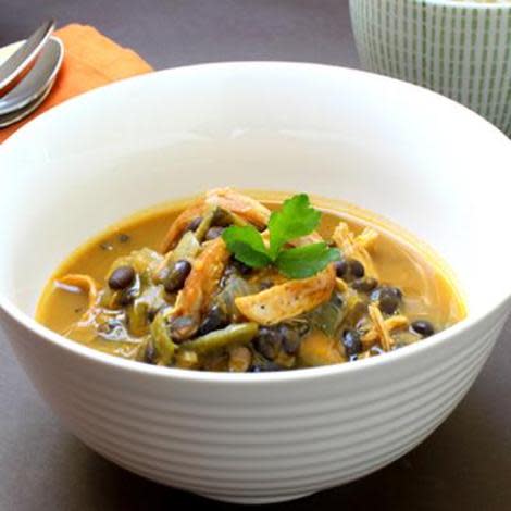 Chicken, poblano, pumpkin, and black bean soup