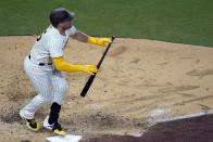 San Diego Padres' Luke Voit watches his three-run home run against the Pittsburgh Pirates during the sixth inning of a baseball game Friday, May 27, 2022, in San Diego. (AP Photo/Gregory Bull)