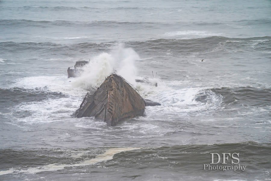 The “Cement Ship” at Seacliff State Beach takes a pounding on Dec. 28, 2023. (Photo by Dan Sedenquist)